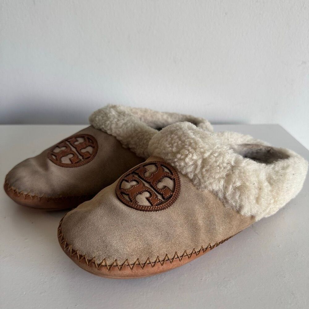 Tory Burch Coley Calf Leather Sherpa Lined Slippers Size 7